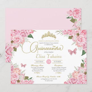 Rosa Rose Floral Gold Tiara Butterfly Quinceanera Einladung