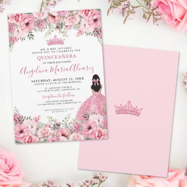 Rosa Rose Floral Quinceanera Einladung (Pink Rose Floral Quinceanera Invitation)