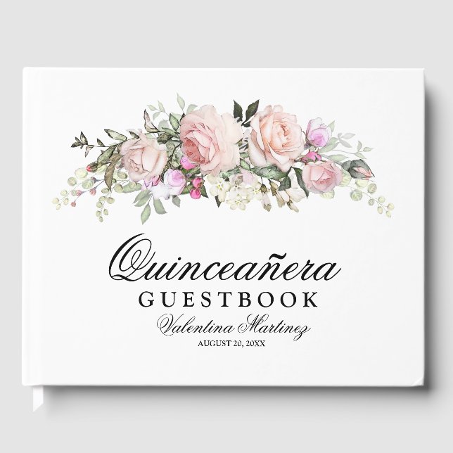 Rosa Rose Floral Quinceanera Gästebuch (Vorderseite)