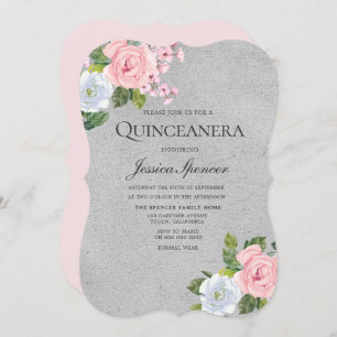Rosa Rose Floral Silver Quinceanera Party Einladun Einladung