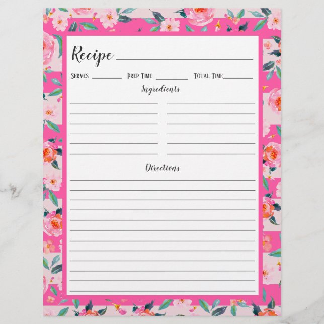 Rosa Rose Floral Streifen Rezept Binder Seite (Vorderseite)