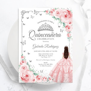 Rosa Rose Floral Wasserfarbe Silver Quinceanera Einladung