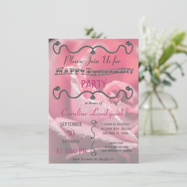 Rosa-Rose-Foto für Happy Retirement Party Einladung (Stehend Vorderseite)