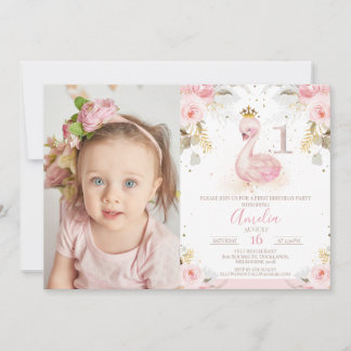 Rosa Rose Foto Prinzessin Swan 1. Geburtstag Einladung