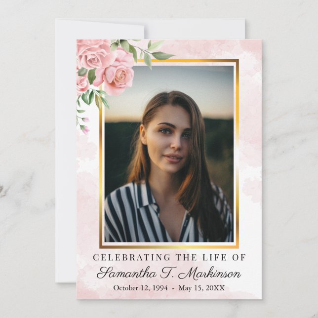 Rosa Rose Foto Wasserfarben Orden des Dienstes Einladung (Vorderseite)