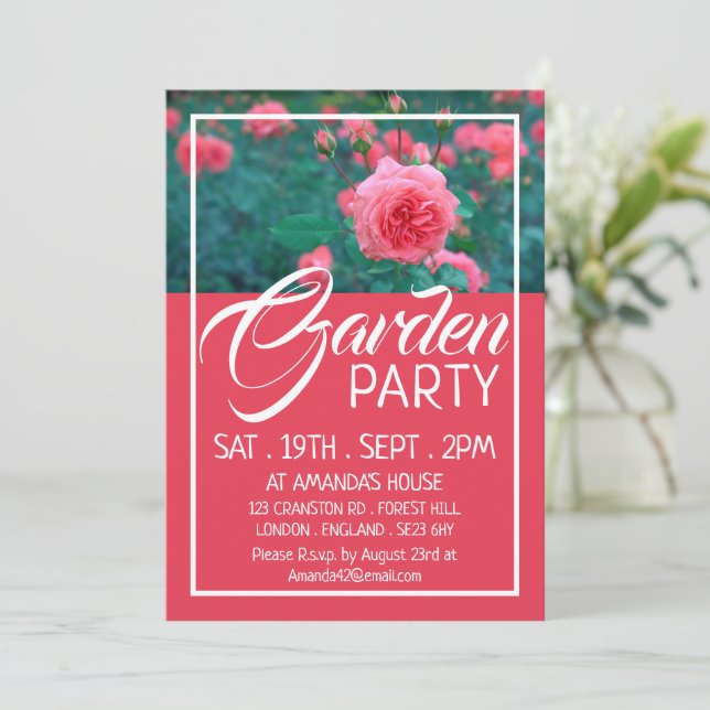 Rosa Rose, Gartengarten Party Einladung (Stehend Vorderseite)