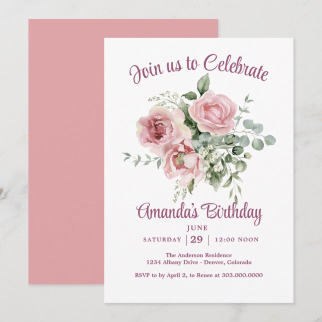 Rosa Rose Geburtstagsparty Einladung (Vorne/Hinten)