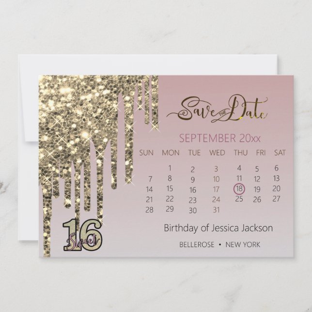 Rosa Rose Gold 16 . Geburtstag Save The Date (Vorderseite)