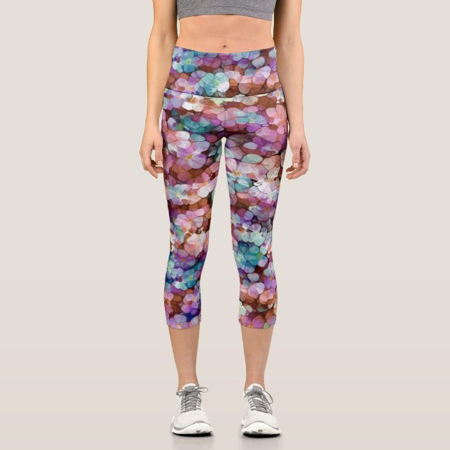 Rosa Rose Gold Aquamarin Mosaik Millefiori Blume Capri Leggings (Vorderseite)