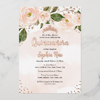 Rosa Rose Gold Blume Tiara Quinceanera Folieneinladung