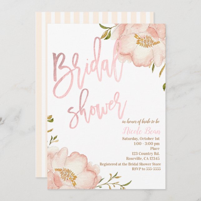 Rosa Rose Gold Blumen Modernes Brautparty Einladung (Vorne/Hinten)