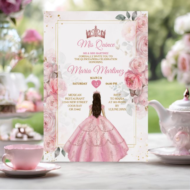 Rosa Rose Gold Blumenprinzessin Mis Quince Einladung (Von Creator hochgeladen)