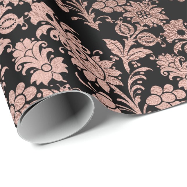 Rosa Rose Gold Blumenpulver Schwarzes Metallisches Geschenkpapier (Rolleneckpunkt)