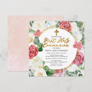 Rosa Rose   Gold Blumenrahmen Erste heilige Kommun Einladung