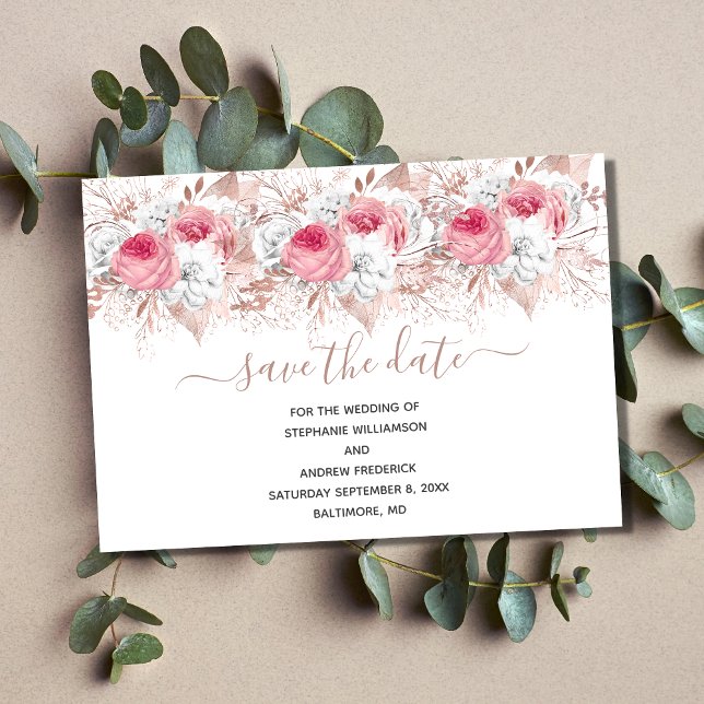 Rosa Rose Gold Blumenzehen speichern das Datum Einladung (Pink White Rose Gold Floral Wedding Save The Date Card)