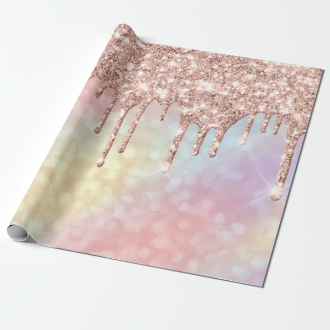 Rosa Rose Gold Blush Einhorn HolographDrip-Glitzer Geschenkpapier (Ungerollt)