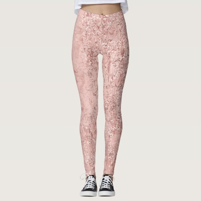 Rosa Rose Gold Blush Glitzer Shiny Glass Metallic Leggings (Vorderseite)