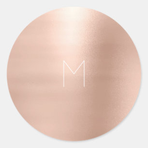 Rosa Rose Gold Blush Metal Monogram White Runder Aufkleber