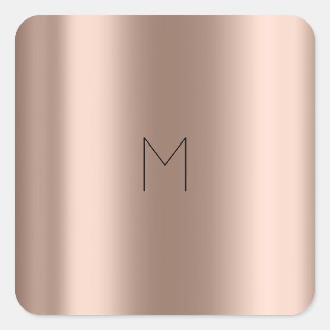 Rosa Rose Gold Blush Metal Name Minimal Monogramm Quadratischer Aufkleber (Vorderseite)