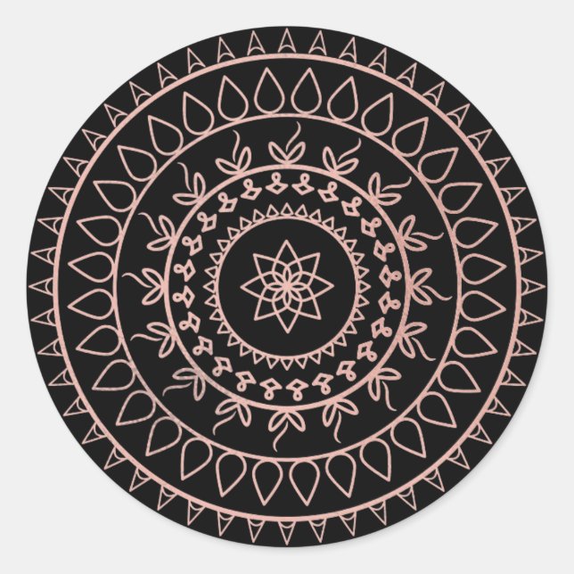 Rosa Rose Gold Blush Metallic Mandala Black Runder Aufkleber (Vorderseite)