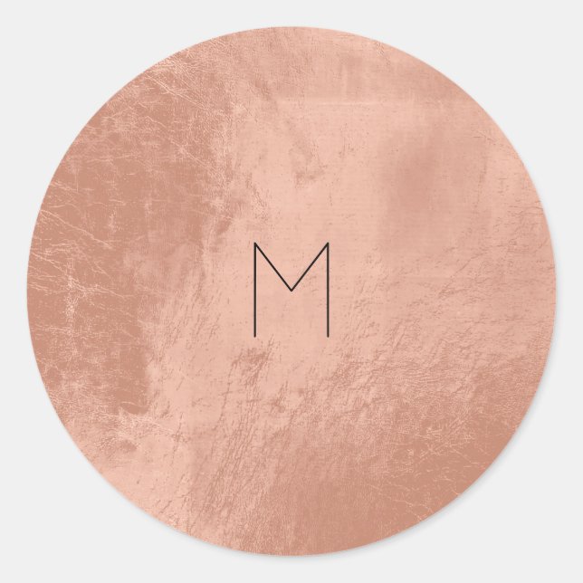 Rosa Rose Gold Blush Metallisches Kupfermonogramm Runder Aufkleber (Vorderseite)