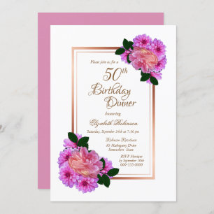 Rosa Rose Gold Border 50. Geburtstag Abendessen Einladung