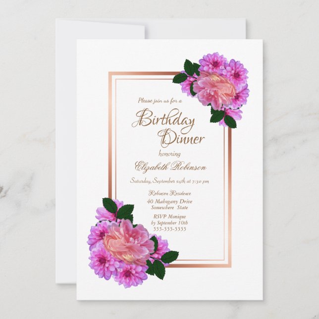 Rosa Rose Gold Border Birthday Dinner Einladung (Vorderseite)