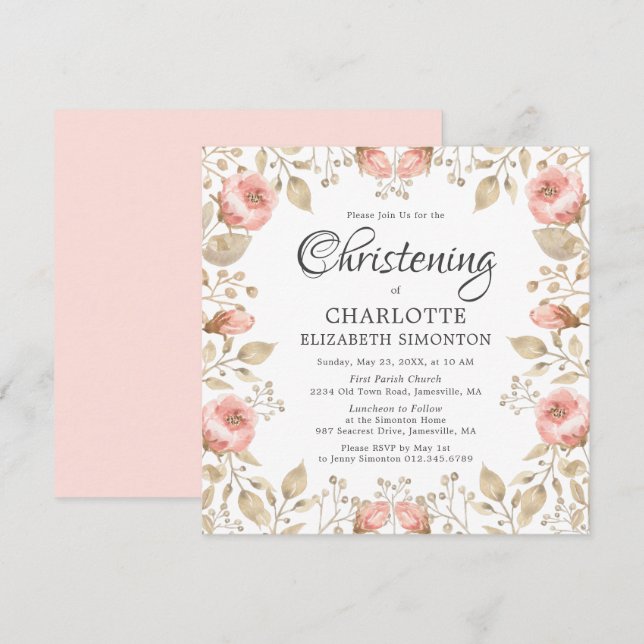Rosa Rose Gold Botanisches Christening Einladung (Vorne/Hinten)