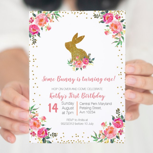 Rosa Rose Gold Bunny Birthday Floral Einladung (Von Creator hochgeladen)