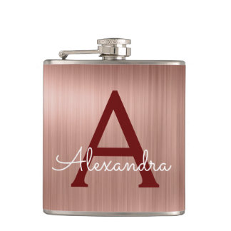 Rosa Rose Gold - Burgund Metallic Monogram Name Flachmann
