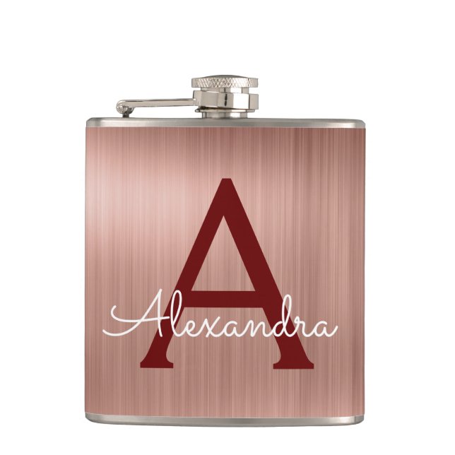 Rosa Rose Gold - Burgund Metallic Monogram Name Flachmann (Vorderseite)