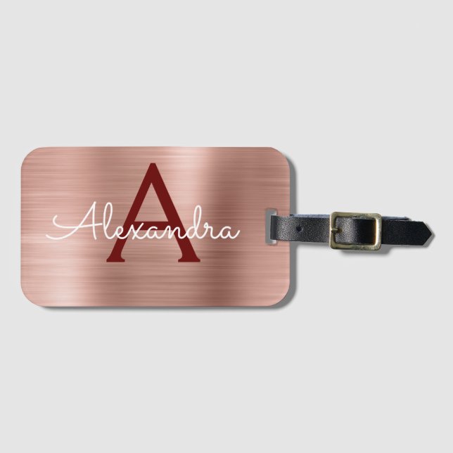 Rosa Rose Gold Burgundy Metallic Monogram Name Gepäckanhänger (Vorderseite (Horizontal))