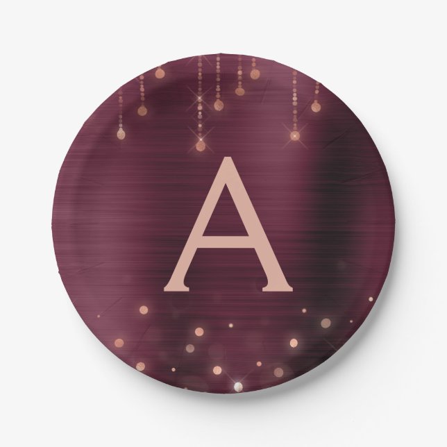 Rosa Rose Gold Burgundy Sparkle Monogram Birthday Pappteller (Vorderseite)