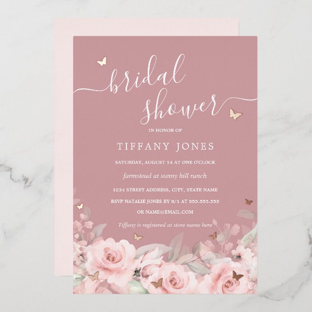 Rosa Rose Gold Butterfly Brautparty Folieneinladung (Vorderseite/Rückseite)