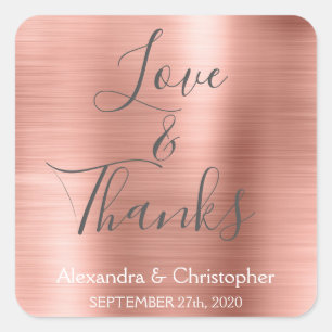 Rosa Rose Gold Chic Metallic Liebe & Danke Quadratischer Aufkleber