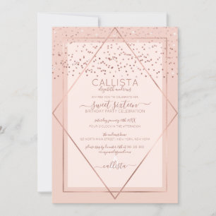 Rosa Rose Gold Confetti Border Sweet 16 Einladung