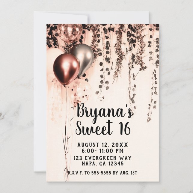 Rosa Rose Gold Cream Metallic Balloons Sweet 16 Einladung (Vorderseite)