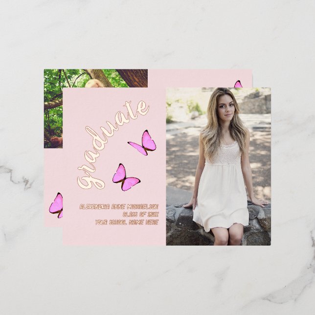 Rosa Rose Gold damals und jetzt Foto Abschluss Folie Einladungspostkarte (Vorderseite/Rückseite)