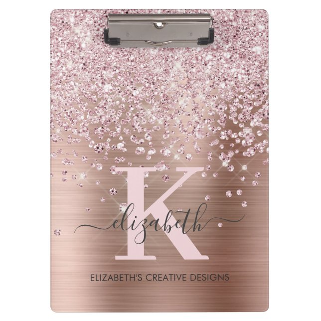 Rosa Rose Gold Diamant Glitzer Mit Monogramm Klemmbrett (Vorderseite)