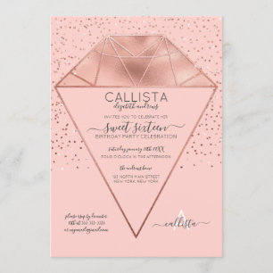 Rosa Rose Gold Diamond Confetti Glitzer Sweet 16 Einladung