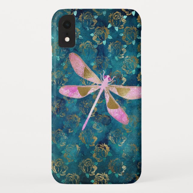 Rosa Rose Gold Dragonfly auf Türkis Blaues Fossil Case-Mate iPhone Hülle (Rückseite)