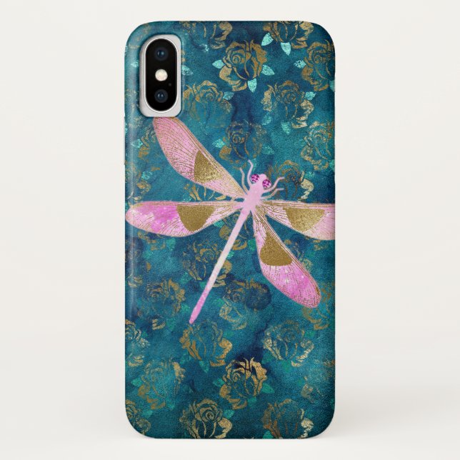 Rosa Rose Gold Dragonfly auf Türkis Blaues Fossil Case-Mate iPhone Hülle (Rückseite)
