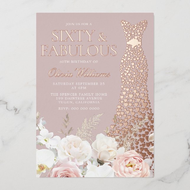 Rosa Rose Gold Dress 60. Geburtstag Folieneinladung (Vorderseite)