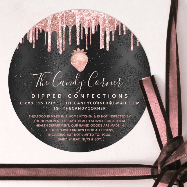 Rosa Rose Gold Erdbeere Glitzer Tropfen Schwarz Re Runder Aufkleber (Von Creator hochgeladen)