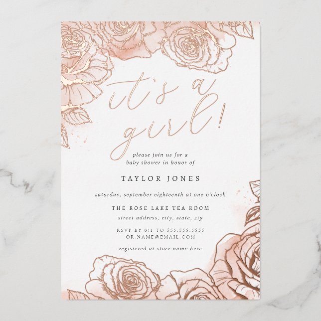 Rosa Rose Gold Es ist eine Girl Baby Dusche Folieneinladung (Vorderseite)