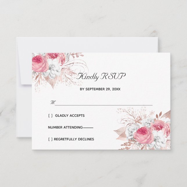 Rosa Rose Gold Floral Elegante Hochzeit RSVP Karte (Vorderseite)