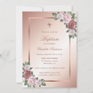 Rosa Rose Gold Floral Girl Taufe Einladung