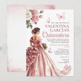 Rosa Rose Gold Floral Quinceñera 15 Anos Einladung