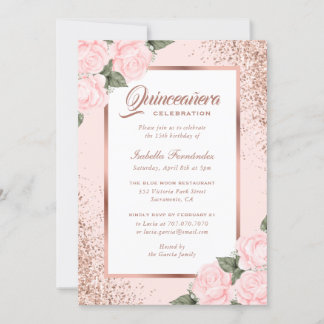 Rosa Rose Gold Floral Quinceñera Einladung