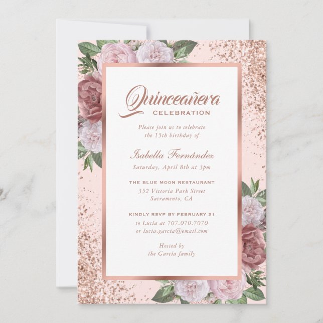 Rosa Rose Gold Floral Quinceñera Einladung (Vorderseite)